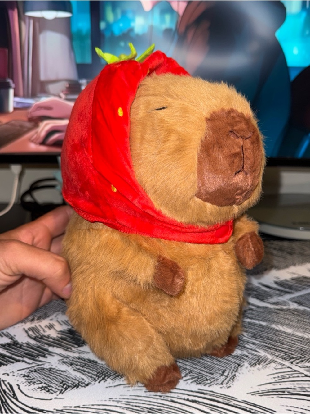 Brown Plush Capybara with Red Strawberry Hood